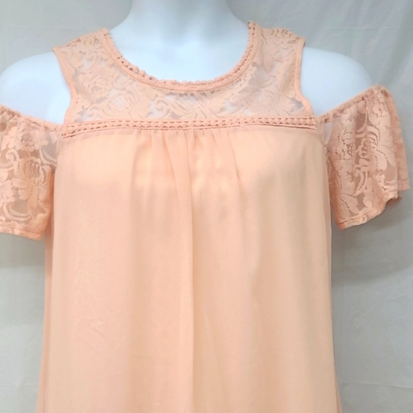 Pastel Peach Mini Slip Babydoll Dress Lace Cold Shoulder Romantic Coquette - Picture 7 of 11